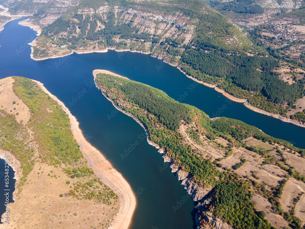 Aerial view of Kardzhali Reservoir meanders, Bulgaria