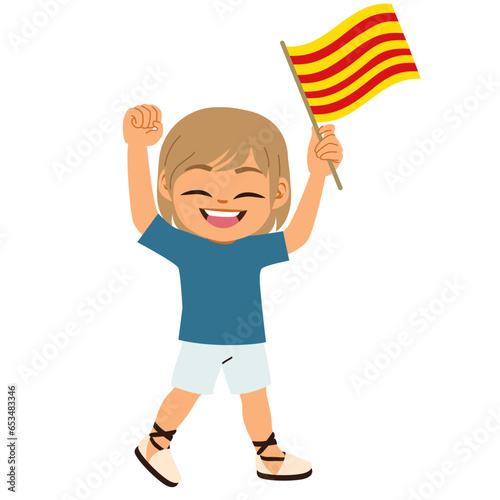 Spanish boy holding Spain flag isolated on white background vector illustration. Happy face cartoon character child waving greeting with espadrilles