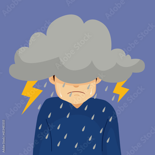 Depressed sad man feeling bad emotion under large grey cloud raining and thunder vector Illustration. Crying unhappy male person feeling blue loneliness