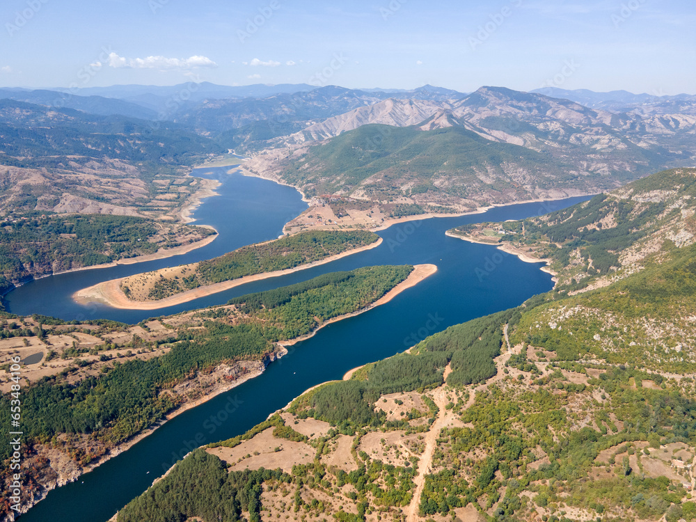 Aerial view of Kardzhali Reservoir meanders, Bulgaria