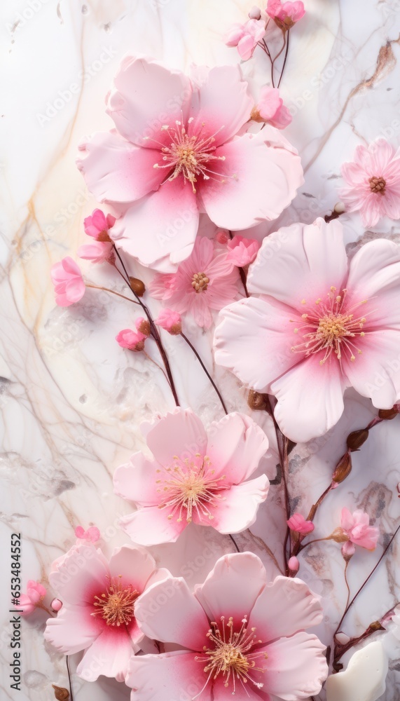 sprig of cherry on white marble, vertical background. sprig of cherry on white marble, vertical background.