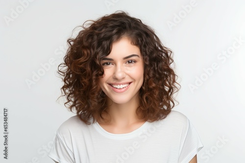 Portrait of beautiful young happy smiling woman, over gray background.