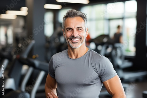 Portrait of a handsome mature man standing in a gym smiling at the camera