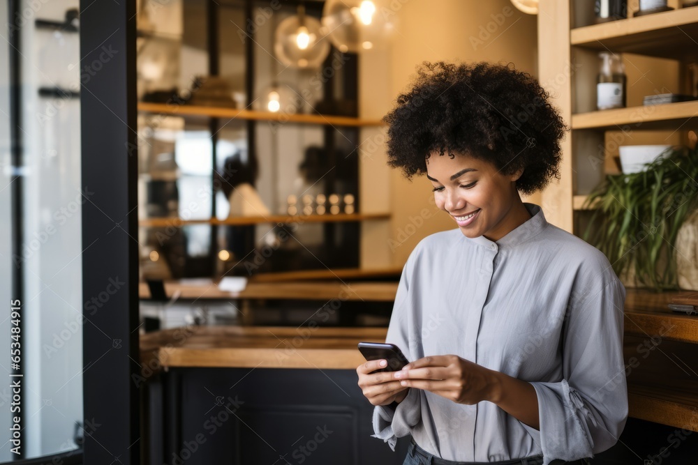 Smiling african american woman using mobile phone in coffee shop Smiling african american woman using mobile phone in coffee shop