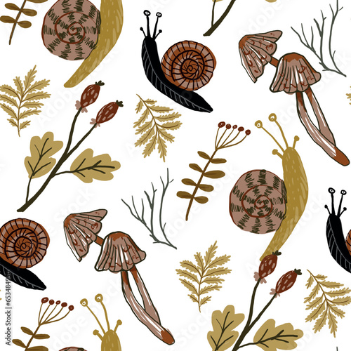 Autumn forest seamless hand drawn pattern with mushrooms,leaves,buds,snails.Colorful vector illustration.