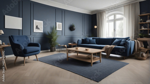 Dark blue sofa and recliner chair in scandinavian apartment. Interior design of modern living room. Created with generative