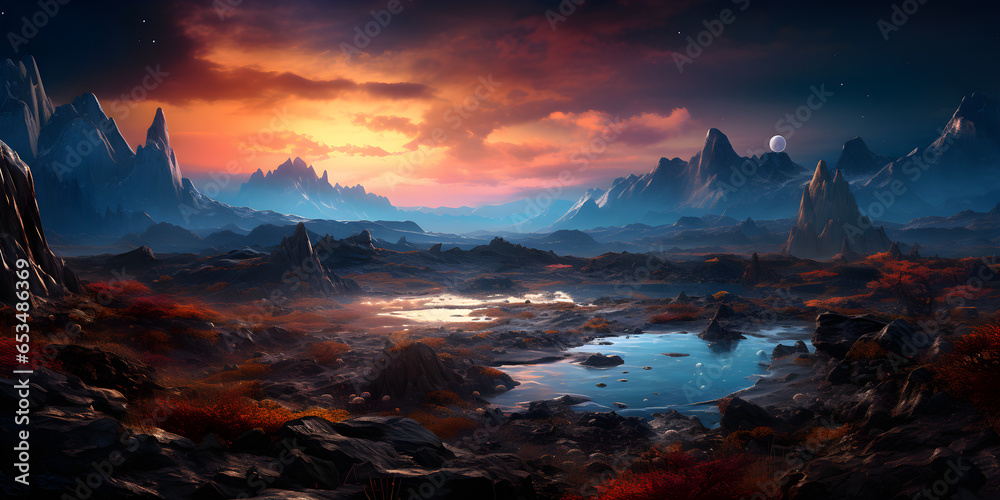 panoramic beautiful alien world landscape with lake sunset and clouds