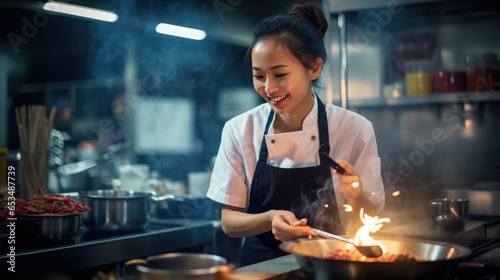 Chef is having fun while preparing food in the kitchen.