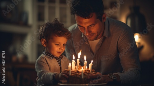 Father lights candles on birthday cake Prepare for your child to blow on their birthday.