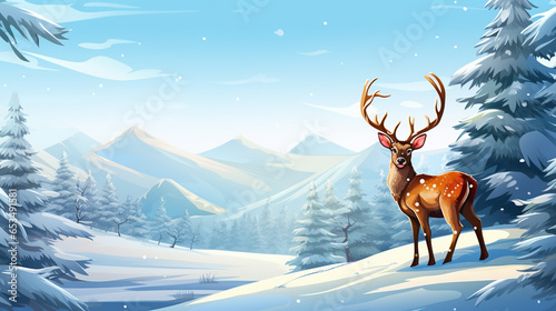 Lonely noble deer mail with big horns against winter fairy forest at sunset. ai generative © We3 Animal