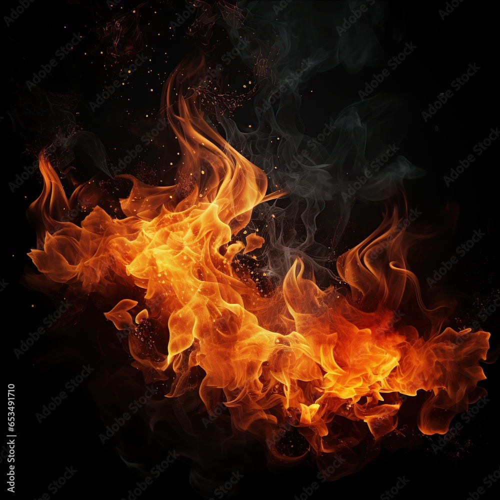 Fire flame isolated on dark background. AI generated image