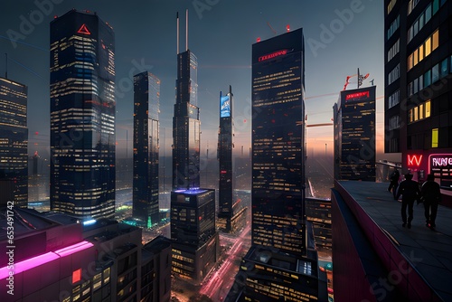 rban Development with Modern High-rise Buildings bustling with activity under a vibrant sunset sky amidst a futuristic cityscape, illuminated by neon lights photo