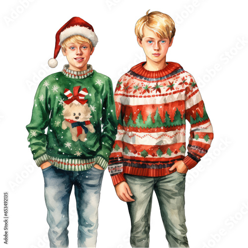 Two blonde teenage boys dressed in ugly Christmas sweaters, watercolor illustration