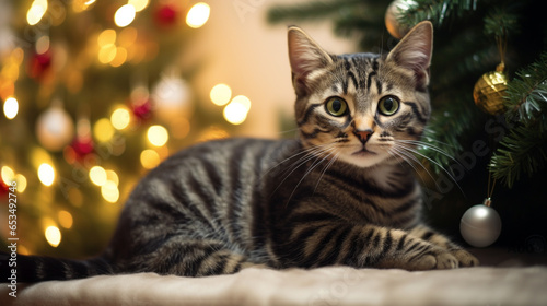 funny cat at home sitting at home Beautiful Christmas background with a new year, Christmas tree. ai © We3 Animal