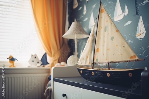 Boat big model element in a child room decorated in the marine style. Generative AI