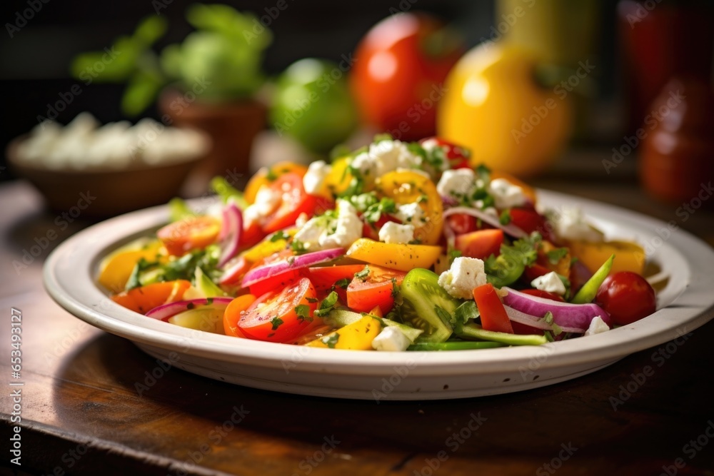 A visual masterpiece, this Greek salad showcases a vibrant mix of thinly sliced rainbow carrots, crisp snap peas, and juicy heirloom tomatoes. Complemented by the addition of creamy almond