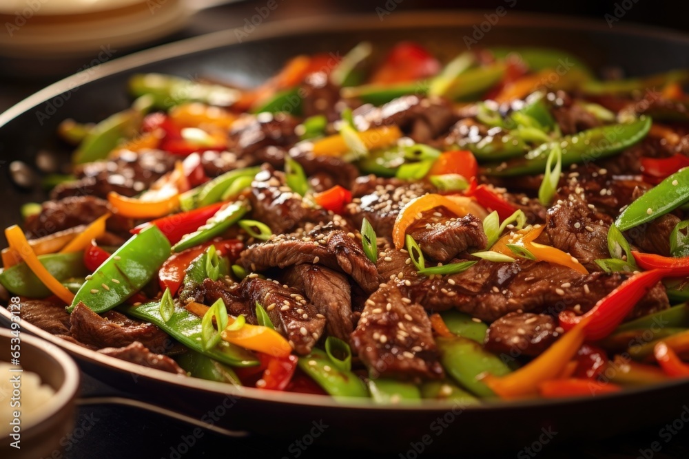 A mouthwatering image capturing a sizzling plate of Beef Bulgogi stirfry, saut ed to perfection with an assortment of colorful vegetables, like snap peas, carrots, and bell peppers, showcasing A mouthwatering image capturing a sizzling plate of Beef Bulgogi stirfry, saut ed to perfection with an assortment of colorful vegetables, like snap peas, carrots, and bell peppers, showcasing