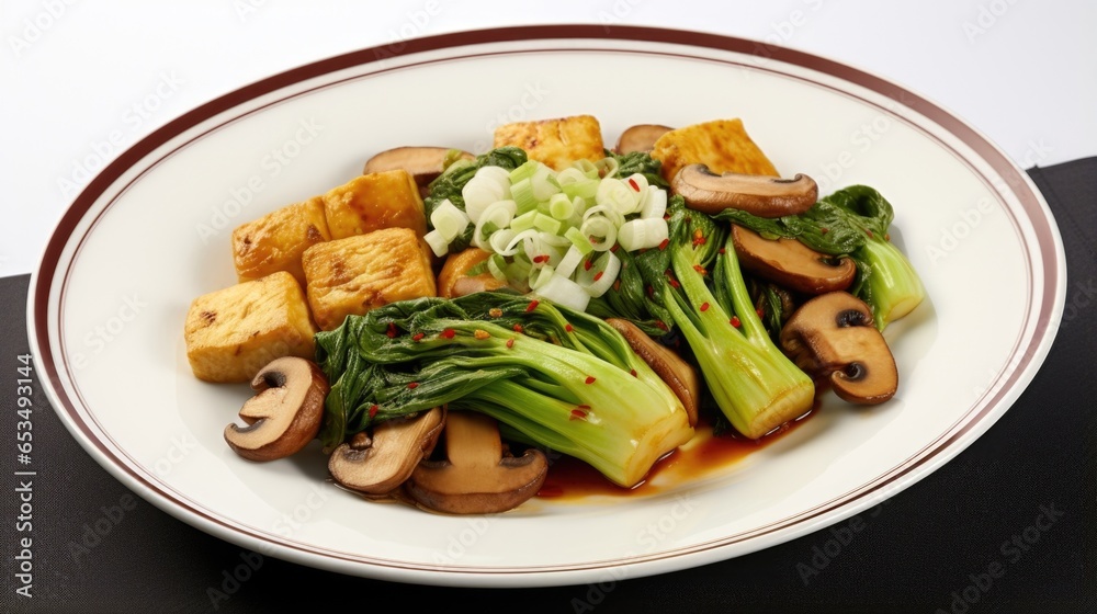 A tantalizing display of stirfried bok choy and mushrooms with golden tofu nuggets, superbly seasoned with a delicate blend of aromatic es, offering a harmonious balance of flavors. A tantalizing display of stirfried bok choy and mushrooms with golden tofu nuggets, superbly seasoned with a delicate blend of aromatic es, offering a harmonious balance of flavors.