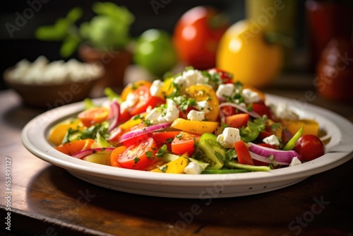 A visual masterpiece, this Greek salad showcases a vibrant mix of thinly sliced rainbow carrots, crisp snap peas, and juicy heirloom tomatoes. Complemented by the addition of creamy almond