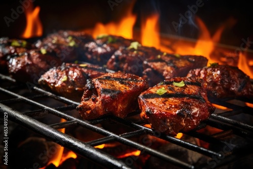  pans across a sizzling BBQ grill, capturing the beautifully charred lines on each piece of beef tandoori and evoking a powerful desire to indulge in this smoky delight.