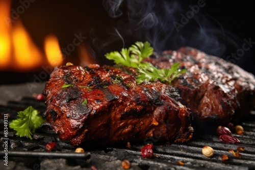 A side view focuses on a generous portion of beef tandoori, highlighting the charred edges and slightly crispy exterior that promises an explosion of textures.
