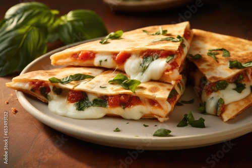 This closeup shot captures the essence of a Margherita quesadilla, highlighting the goldenbrown tortilla that encases a cheesy center. Each bite reveals the delightful combination of creamy