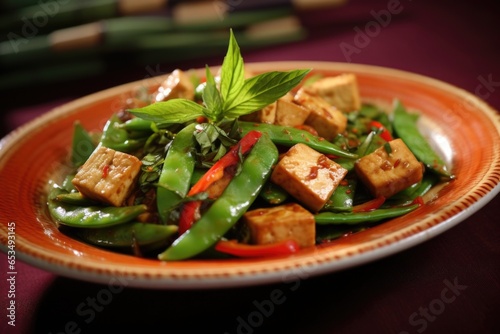 A delectable stirfry ensemble boasting tender tofu medallions saut ed to perfection and surrounded by a variety of crisp snow peas, fragrant lerass, and aromatic Thai basil, evoking a refreshing photo