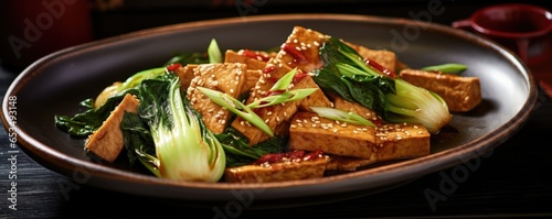 A mouthwatering array of stirfried tofu and baby bok choy leaves, enhanced with a touch of nutty sesame oil and aromatic tamari, creating a wholesome and satisfyingly delicious vegan masterpiece. photo