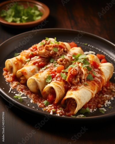 This captivating image captures the essence of homemade chicken enchiladas, showcasing beautifully rolled tortillas lovingly filled with a juicy and flavorful chicken mixture. Accented with