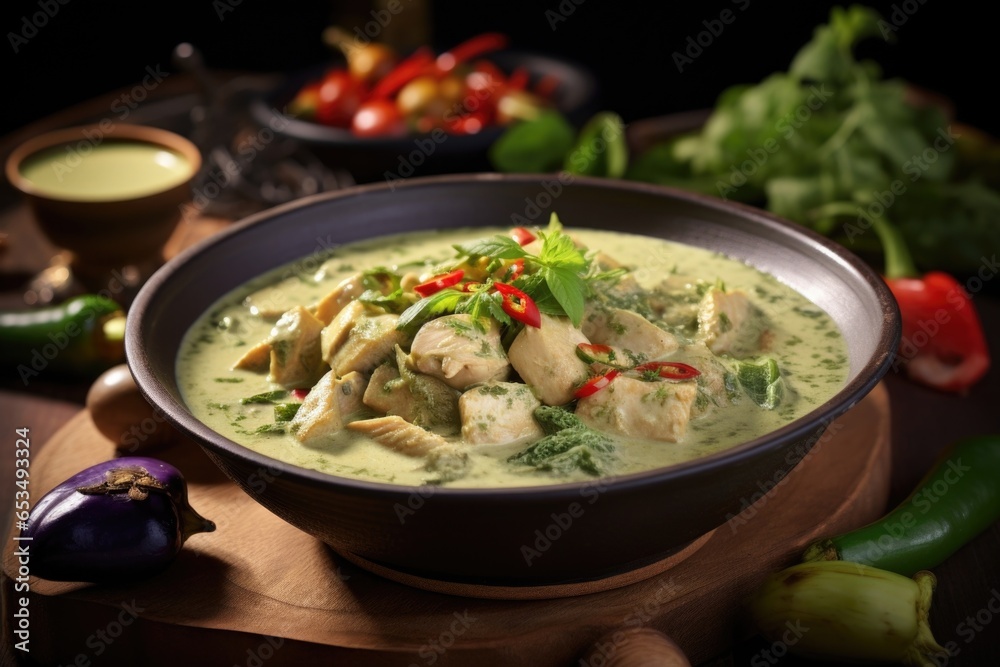 An Instagramworthy shot unveiling the delights of Thai green curry, showcasing succulent bites of chicken, vibrant Thai eggplants, and tangy slices of lerass, all beautifully coated in a