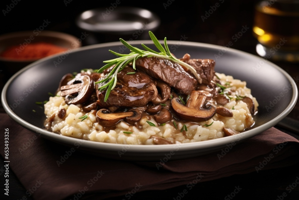 Delicate hints of beef blend seamlessly with earthy mushrooms in this exquisite risotto, offering an explosion of flavors with every bite, while the velvety texture of the rice takes you Delicate hints of beef blend seamlessly with earthy mushrooms in this exquisite risotto, offering an explosion of flavors with every bite, while the velvety texture of the rice takes you