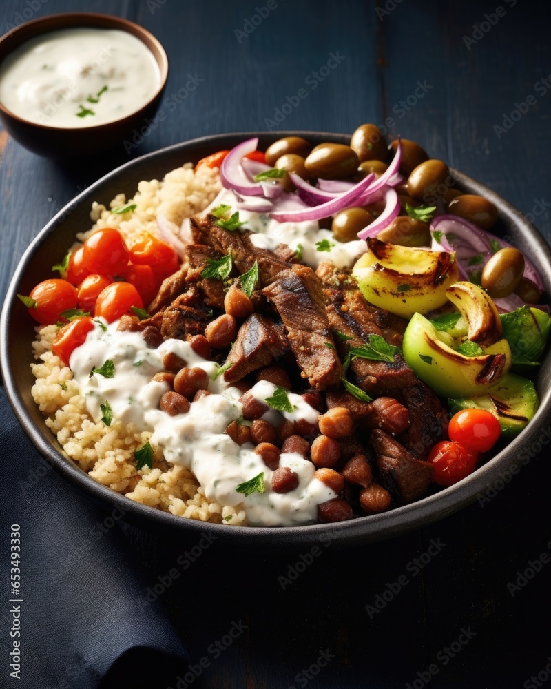 A symphony of flavors awaits in the Beef Shawarma bowl. Fragrant turmericinfused rice provides the perfect base for juicy strips of beef, accompanied by a medley of roasted vegetables, crispy