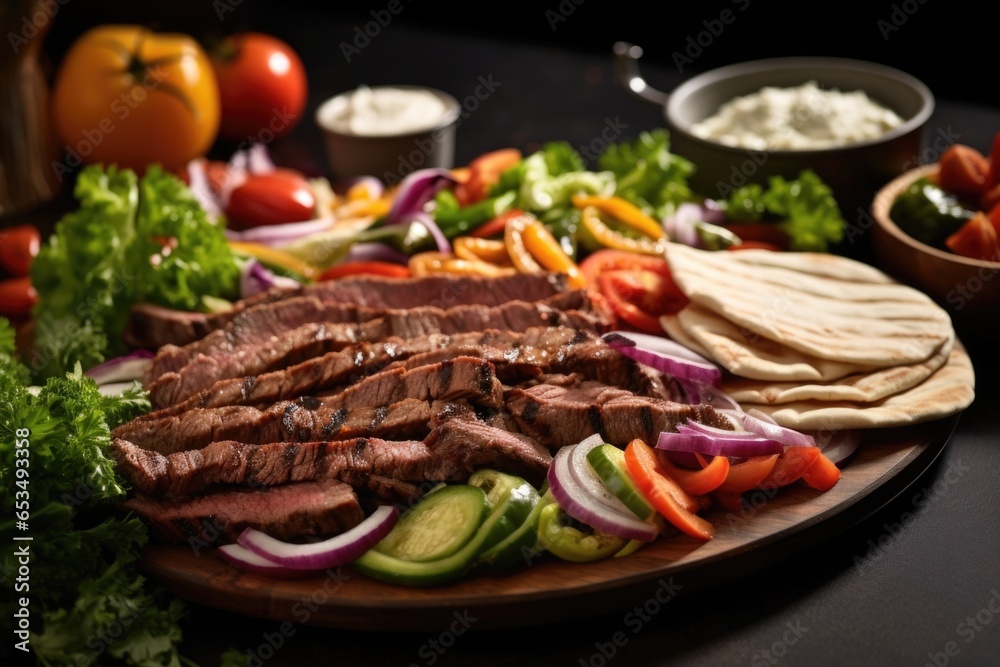 This visually arresting image showcases a beautifully arranged platter, with generous portions of mouthwatering beef gyro served alongside a rainbow of fresh vegetables, delivering an appetizing This visually arresting image showcases a beautifully arranged platter, with generous portions of mouthwatering beef gyro served alongside a rainbow of fresh vegetables, delivering an appetizing