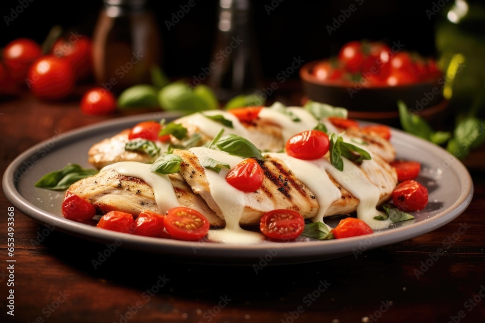 Elevate your dining experience with this irresistible creation a perfectly cooked chicken that conceals a treasure trove of creamy mozzarella cheese, ripe cherry tomatoes, and fragrant basil