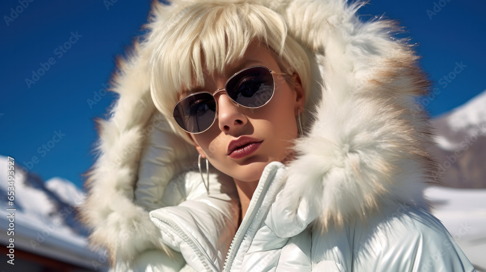 Beautiful blond man with in white glossy parka. Hipster at expensive, luxury ski resort Beautiful blond man with in white glossy parka. Hipster at expensive, luxury ski resort