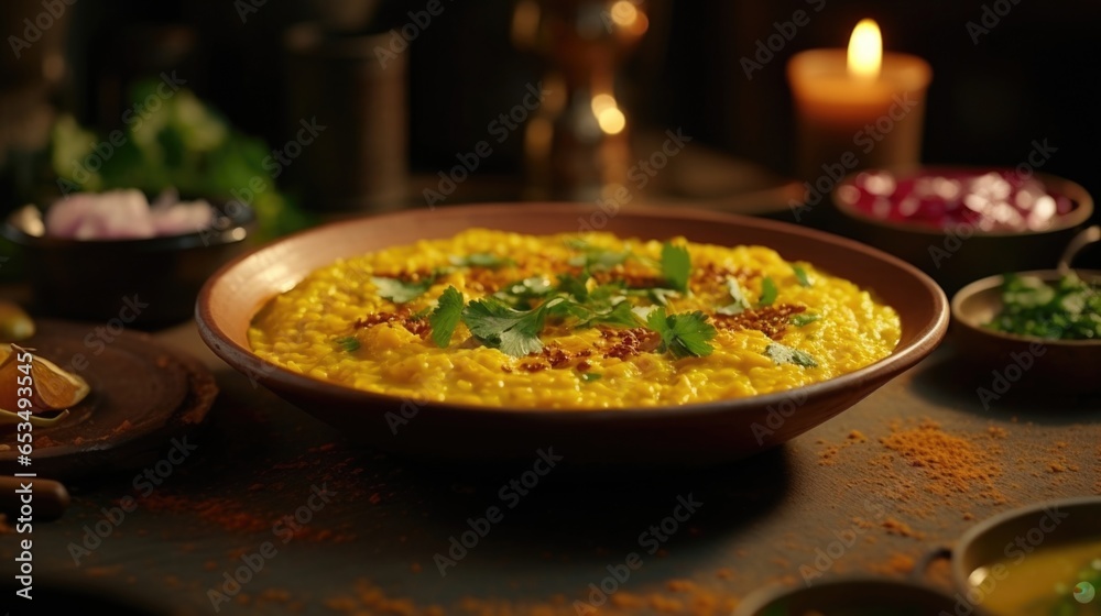  zooms in on a plate of lightly ed red lentil dal, featuring a delightful golden hue. The rich aroma of cumin and turmeric permeates the shot, enticing viewers with its warm and