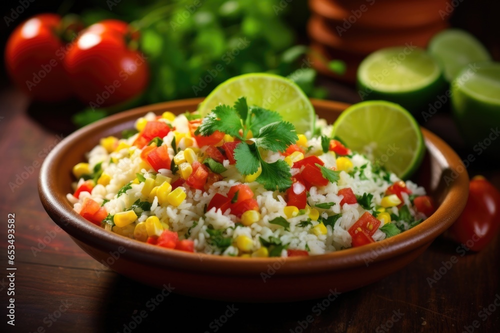 An eyecatching composition highlighting a colorful plate of Mexicaninspired cilantrolime rice, dotted with vibrant flecks of freshly chopped cilantro, zesty lime zest, and a colorful medley