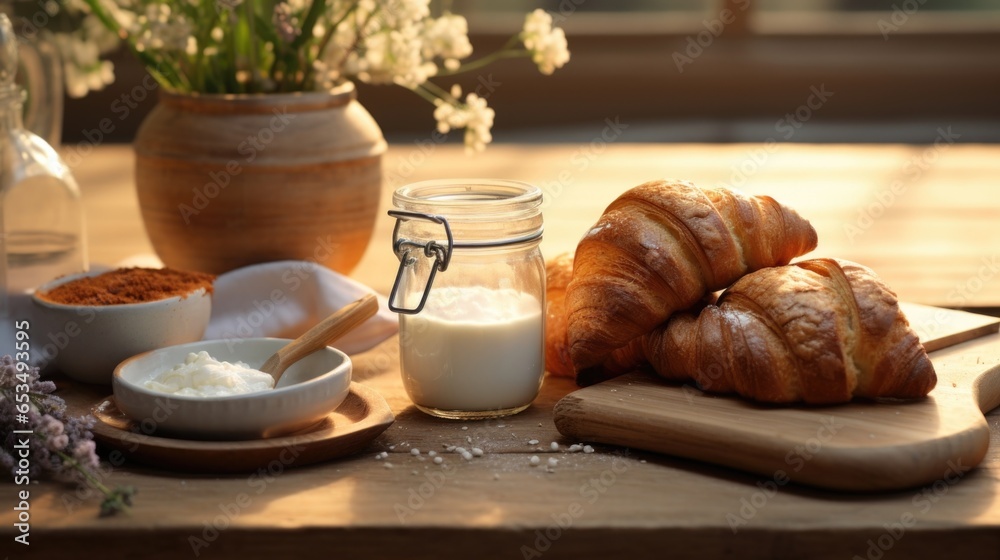 An enticing shot featuring a rustic wooden ting board displaying a jar of homemade yogurt, flanked by a charming arrangement of freshly baked goldenbrown almond croissants, perfectly toasted An enticing shot featuring a rustic wooden ting board displaying a jar of homemade yogurt, flanked by a charming arrangement of freshly baked goldenbrown almond croissants, perfectly toasted