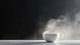 A minimalist shot of a pure white porcelain teacup b with steaming milk, demonstrating the epitome of simplicity and highlighting the calming qualities of this timeless beverage.