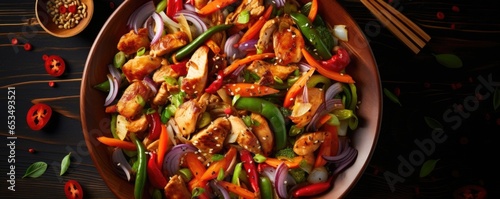 Overhead shot of a colorful chicken and vegetable stirfry, showcasing a medley of crisp, vibrant vegetables tossed with tender pieces of marinated chicken, all glazed in a savory soybased