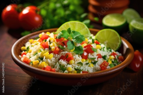 An eyecatching composition highlighting a colorful plate of Mexicaninspired cilantrolime rice, dotted with vibrant flecks of freshly chopped cilantro, zesty lime zest, and a colorful medley
