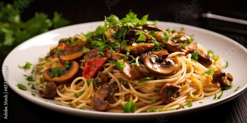 A delectable image capturing the essence of a rustic whole wheat spaghetti dish, featuring saut ed earthy wild mushrooms, fragrant herbs, and a drizzle of highquality extra virgin olive