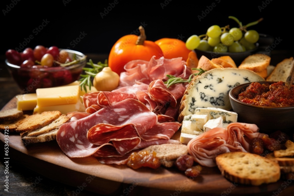 An appetizing flatlay composition showcasing a delightful charerie board, complete with an assortment of cured meats, aged cheeses, crusty rye bread slices, tangy pickles, and a drizzle An appetizing flatlay composition showcasing a delightful charerie board, complete with an assortment of cured meats, aged cheeses, crusty rye bread slices, tangy pickles, and a drizzle