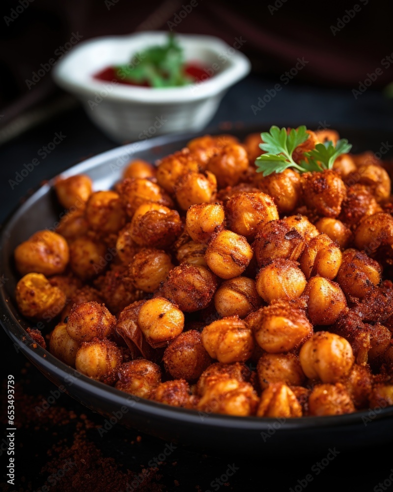 A macro shot highlighting a plate of crispy roasted chickpeas, wonderfully seasoned with a blend of paprika, cumin, and garlic powder, offering a satisfying and addictive crunch. A macro shot highlighting a plate of crispy roasted chickpeas, wonderfully seasoned with a blend of paprika, cumin, and garlic powder, offering a satisfying and addictive crunch.