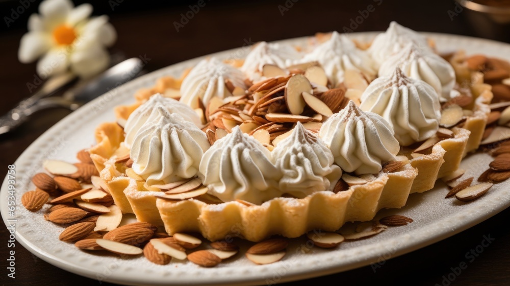 Captivating shot of a dessert platter featuring an intricate almond tart, decorated with beautifully arranged almond slices, served alongside a dollop of whipped cream and a dusting of powdered Captivating shot of a dessert platter featuring an intricate almond tart, decorated with beautifully arranged almond slices, served alongside a dollop of whipped cream and a dusting of powdered