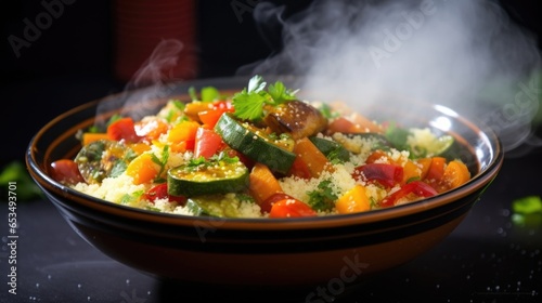 An upclose shot capturing the fragrant whirlpool of steam wafting off a bowl of hearty vegetable couscous, b with an assortment of fresh zucchini, carrots, and bell peppers, all mingling