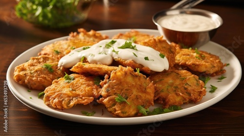 In this shot, a plate of golden, crispy barley fritters steals the spotlight. Each fritter is meticulously shaped and perfectly browned, with a delicate crunch on the outside and a soft,