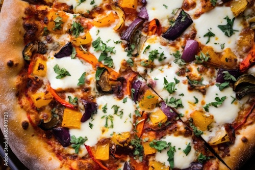 An alluring overhead shot showcasing a sctious rye flourdusted pizza loaded with an array of colorful roasted vegetables, fragrant herbs, and gooey melted mozzarella cheese.