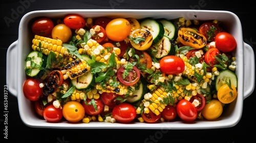 A visually pleasing shot featuring a colorful summer salad. Juicy cherry tomatoes, crisp cucumber slices, and fresh herbs are beautifully arranged alongside roasted corn, adding a burst © Justlight