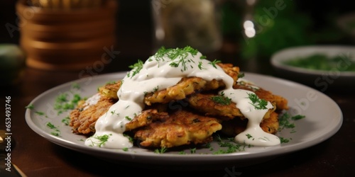  zooms in on a plate of golden brown lentil fritters, showcasing their crispy exterior and soft, seasoned interior. A side of tangy yogurt sauce complements the fritters perfectly,